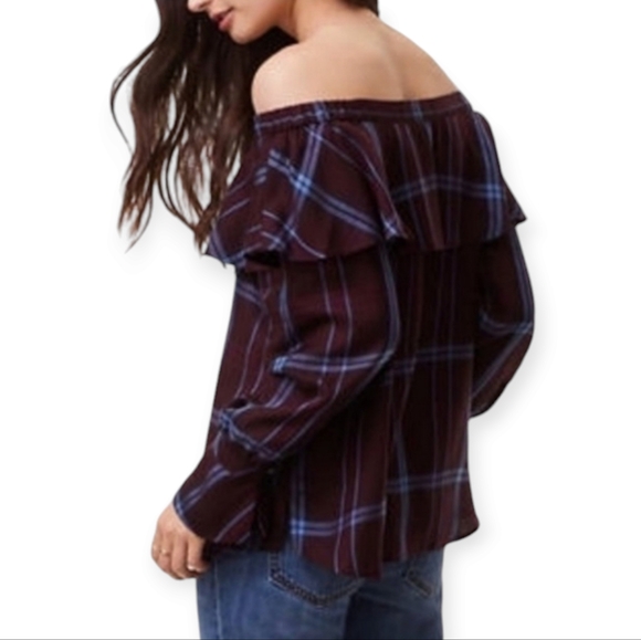 Loft purple blue plaid off the shoulder blouse top Womens Large - Picture 2 of 6